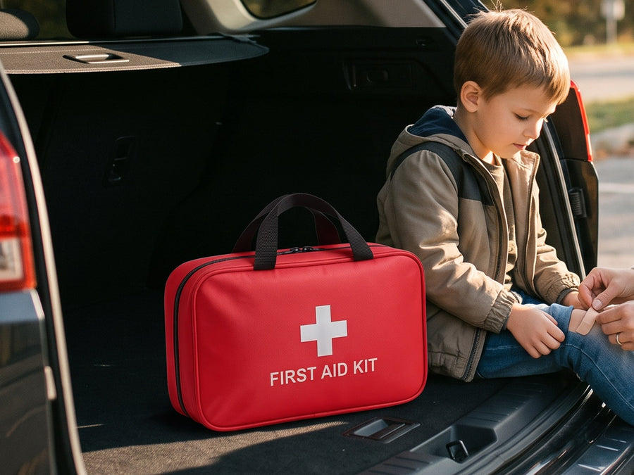 Compact first aid kit sitting in a car trunk