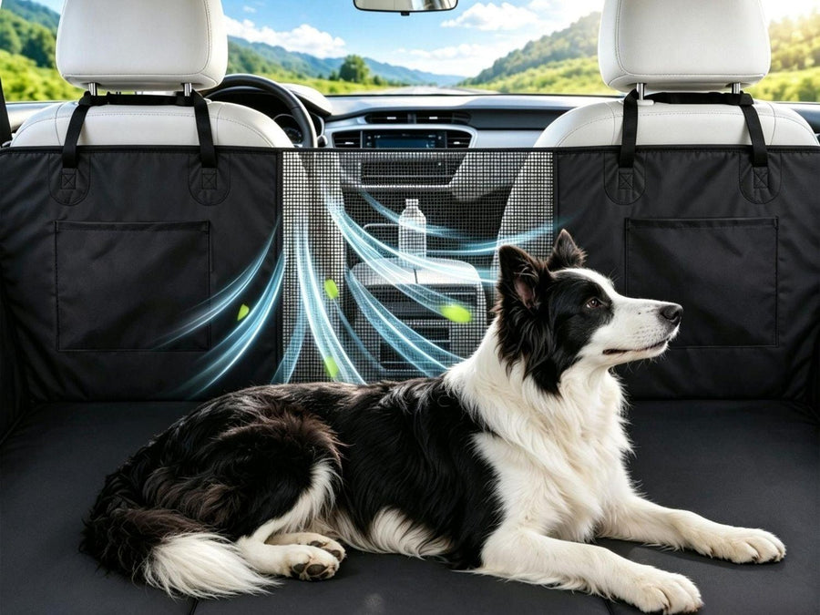 Dog resting by the mesh window that faces the front seats