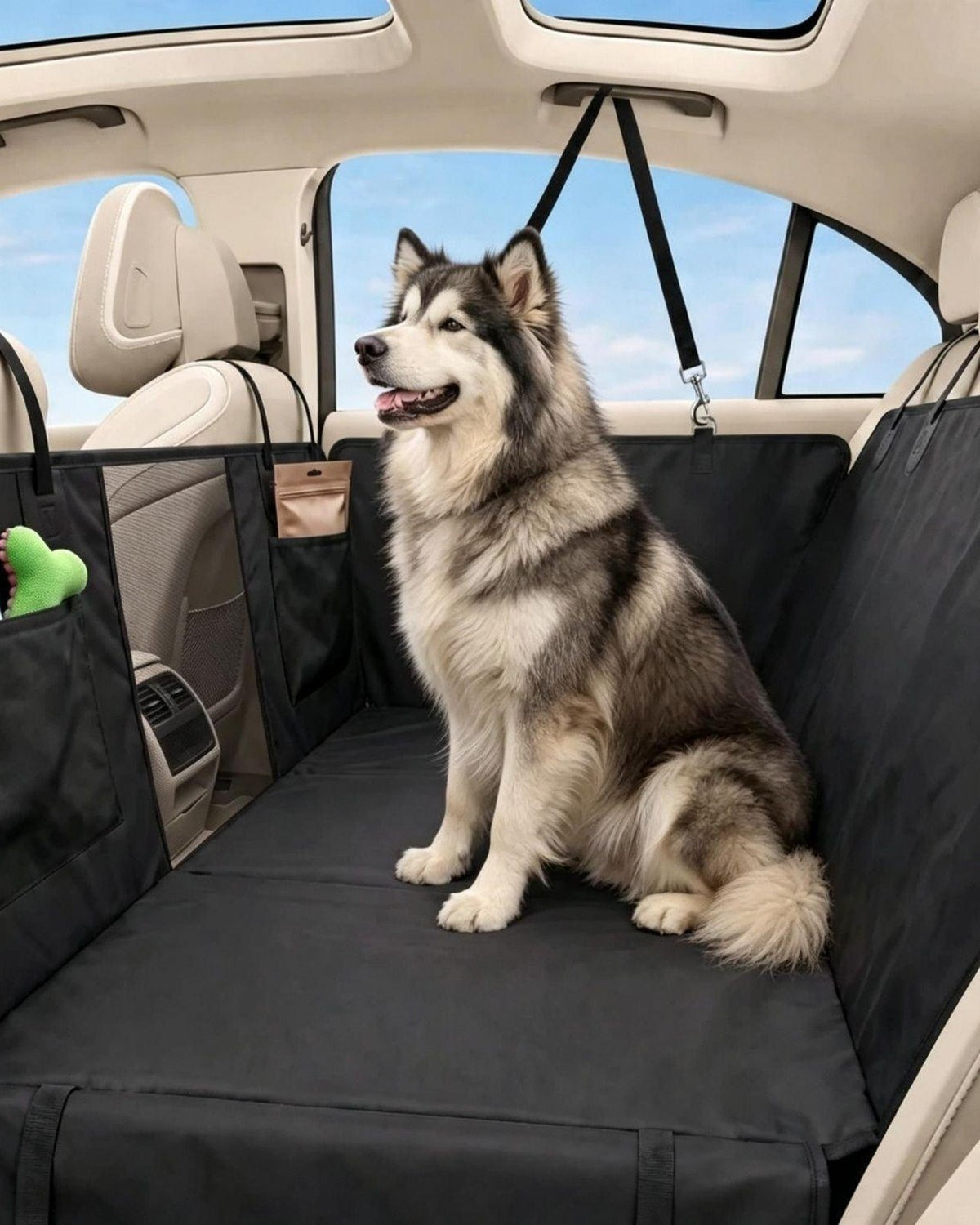 Husky sitting on the hammock strapped to the headrests