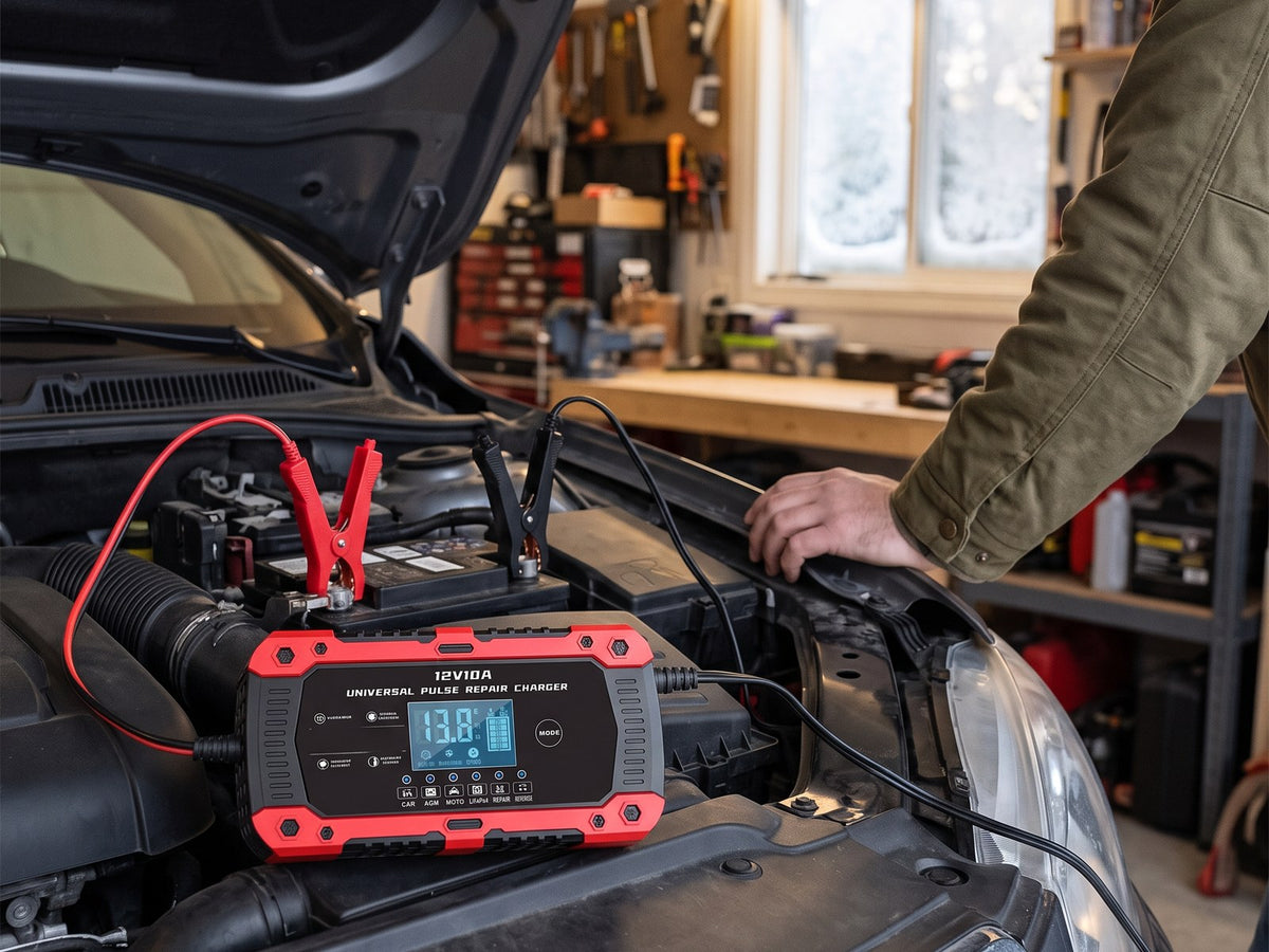 Charger connected and charging the car battery