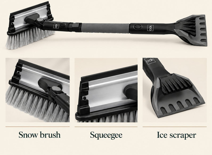 Snow brush, squeegee and ice scraper on one tool