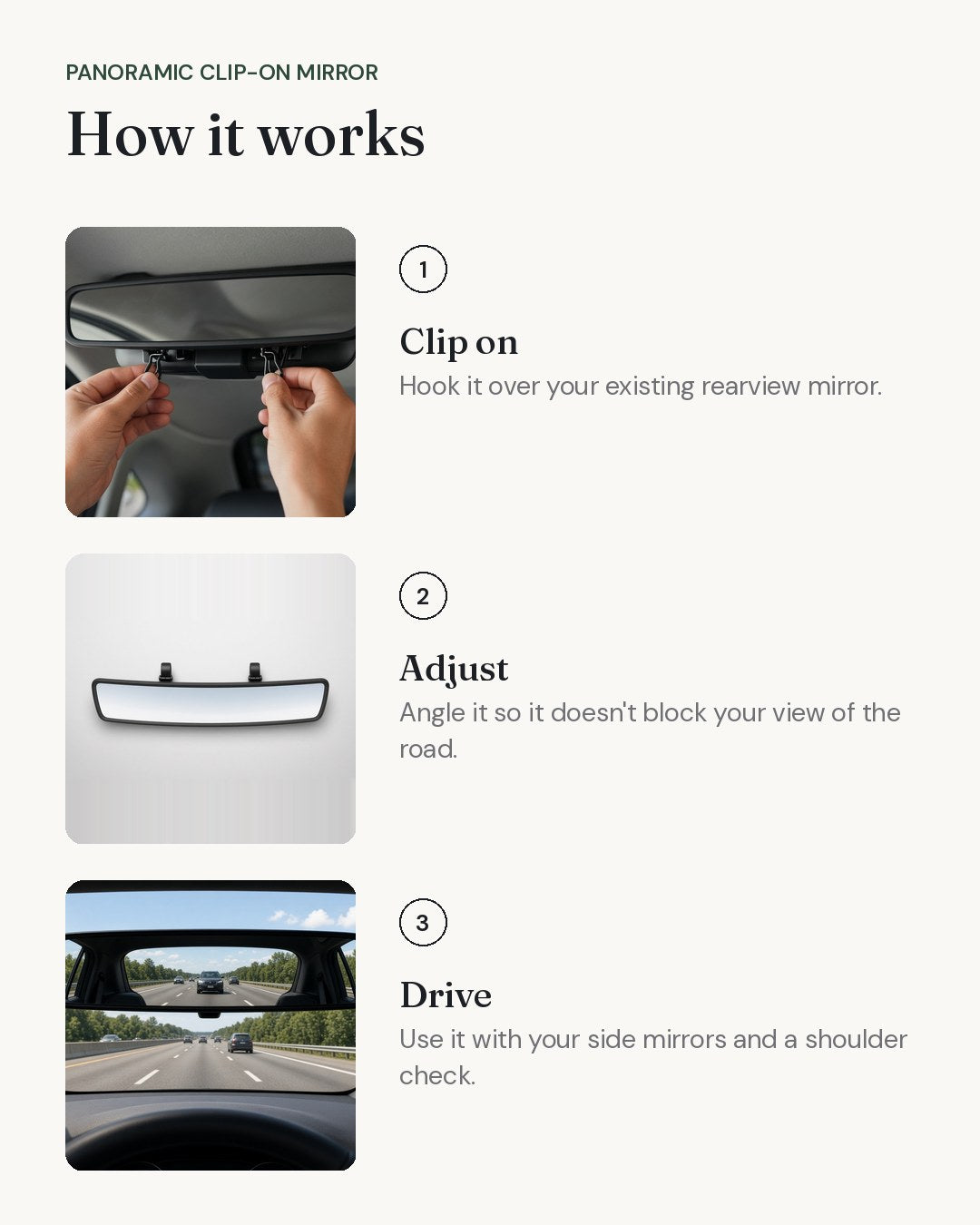 How the Panoramic Clip-On Mirror works, step by step