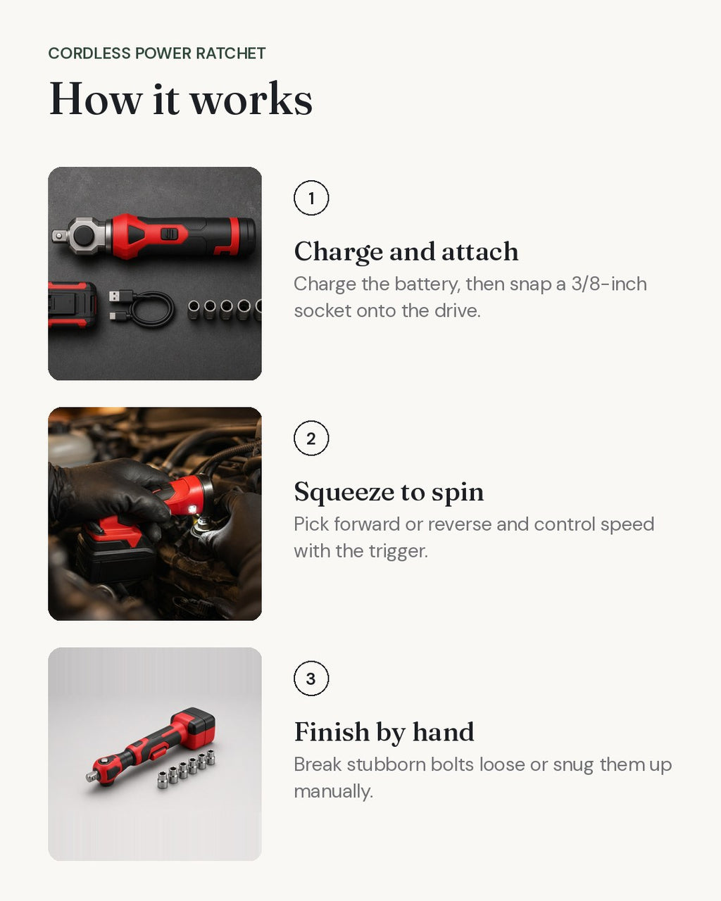 How the Cordless Power Ratchet works, step by step