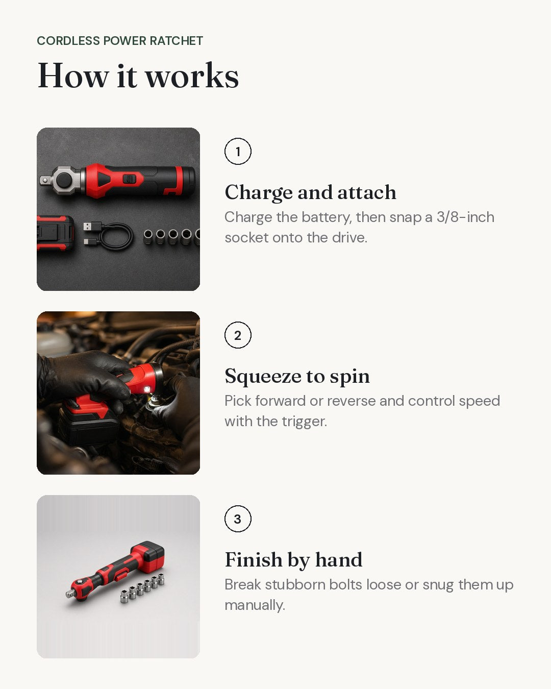 How the Cordless Power Ratchet works, step by step
