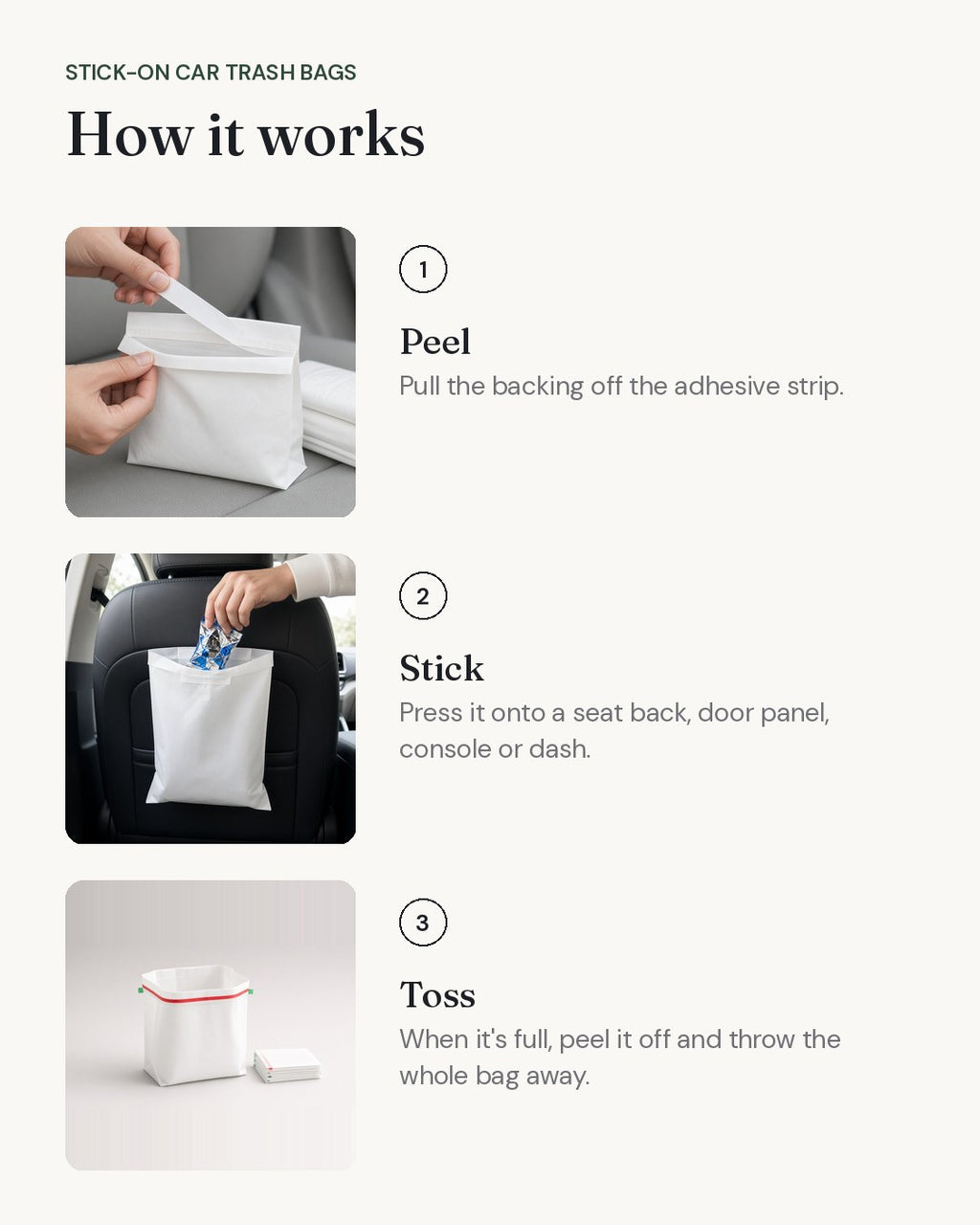 How the Stick-On Car Trash Bags works, step by step