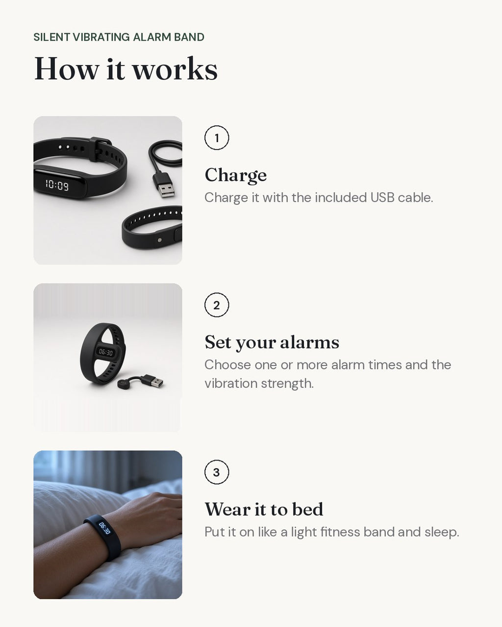 How the Silent Vibrating Alarm Band works, step by step