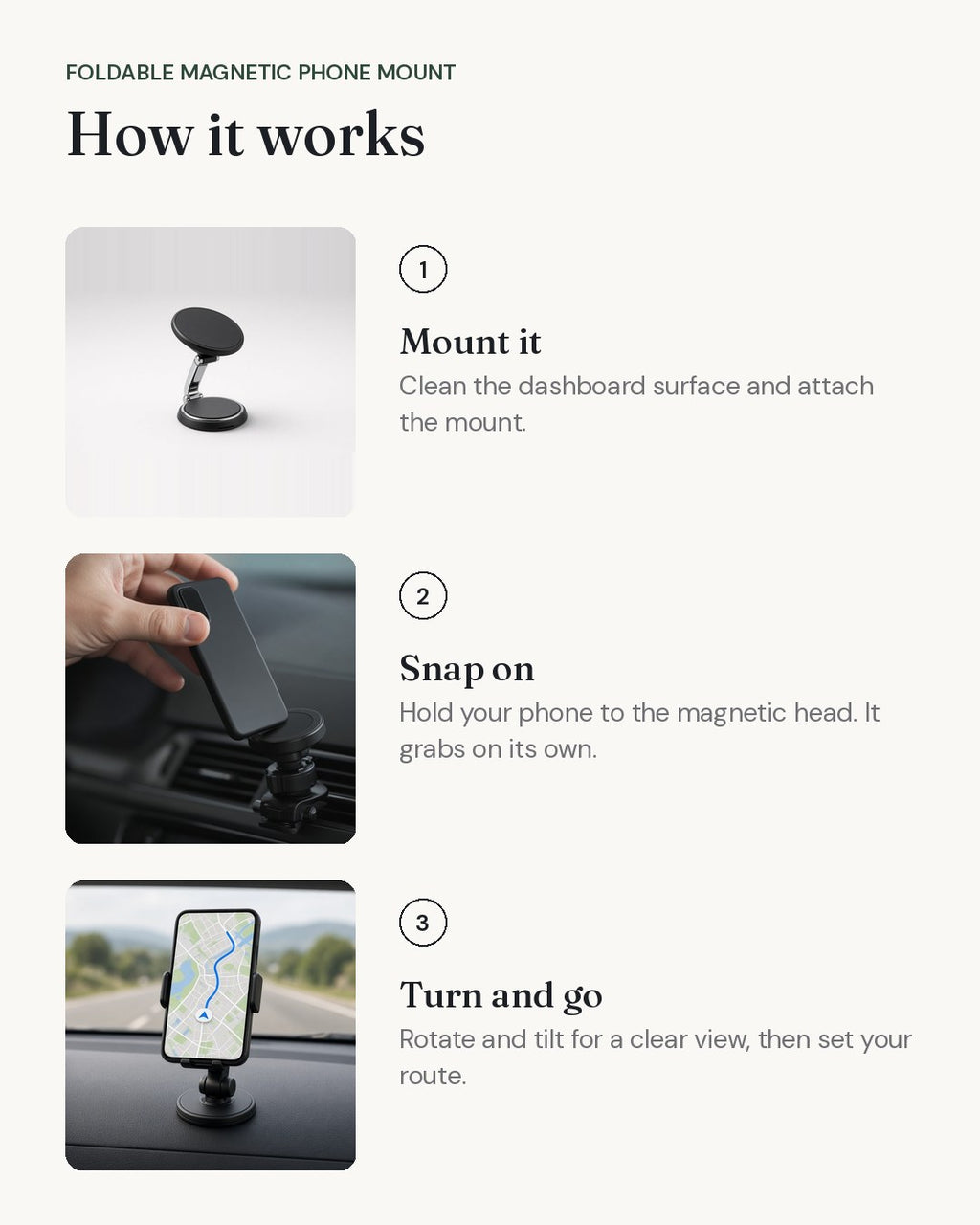 How the Foldable Magnetic Phone Mount works, step by step