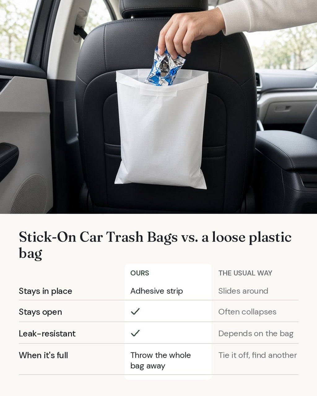 Stick-On Car Trash Bags compared with the usual alternative