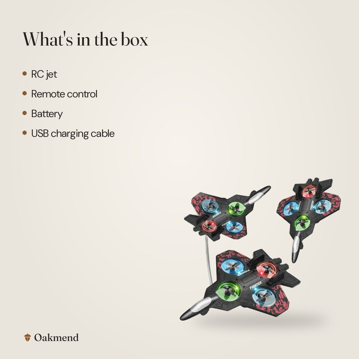 What's in the box: Kids Foam RC Fighter Jet with Lights