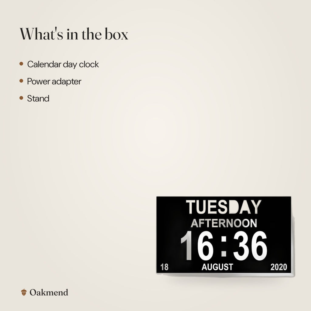 What's in the box: Large-Display Digital Calendar Day Clock