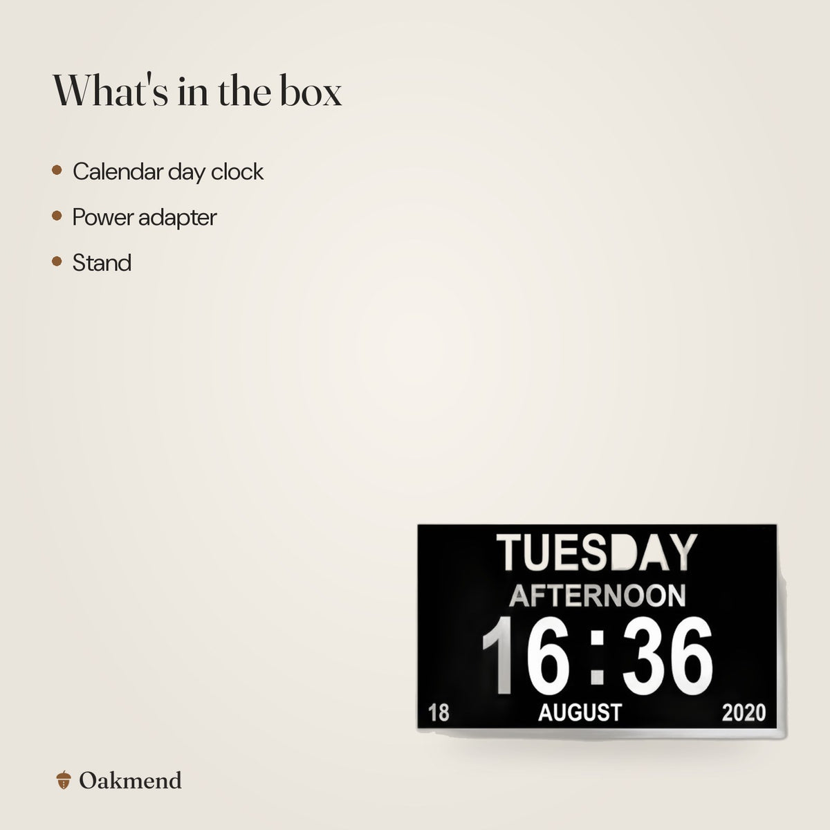What's in the box: Large-Display Digital Calendar Day Clock