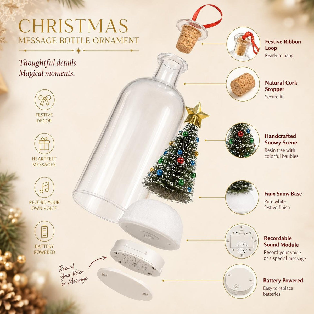Recordable Message in a Bottle Ornament close-up