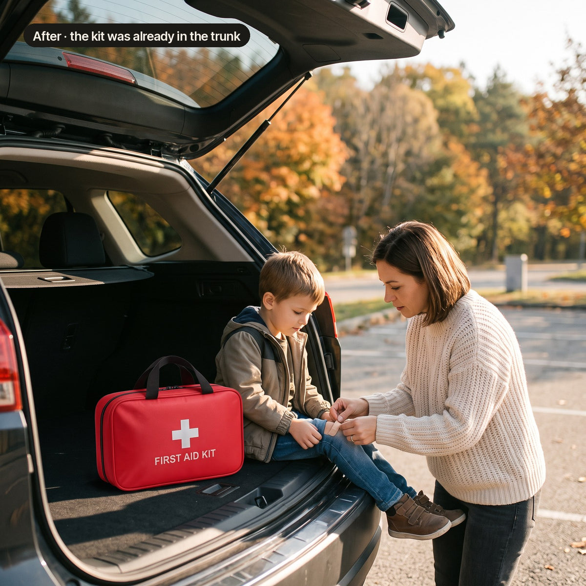 After: the first aid kit is already in the trunk
