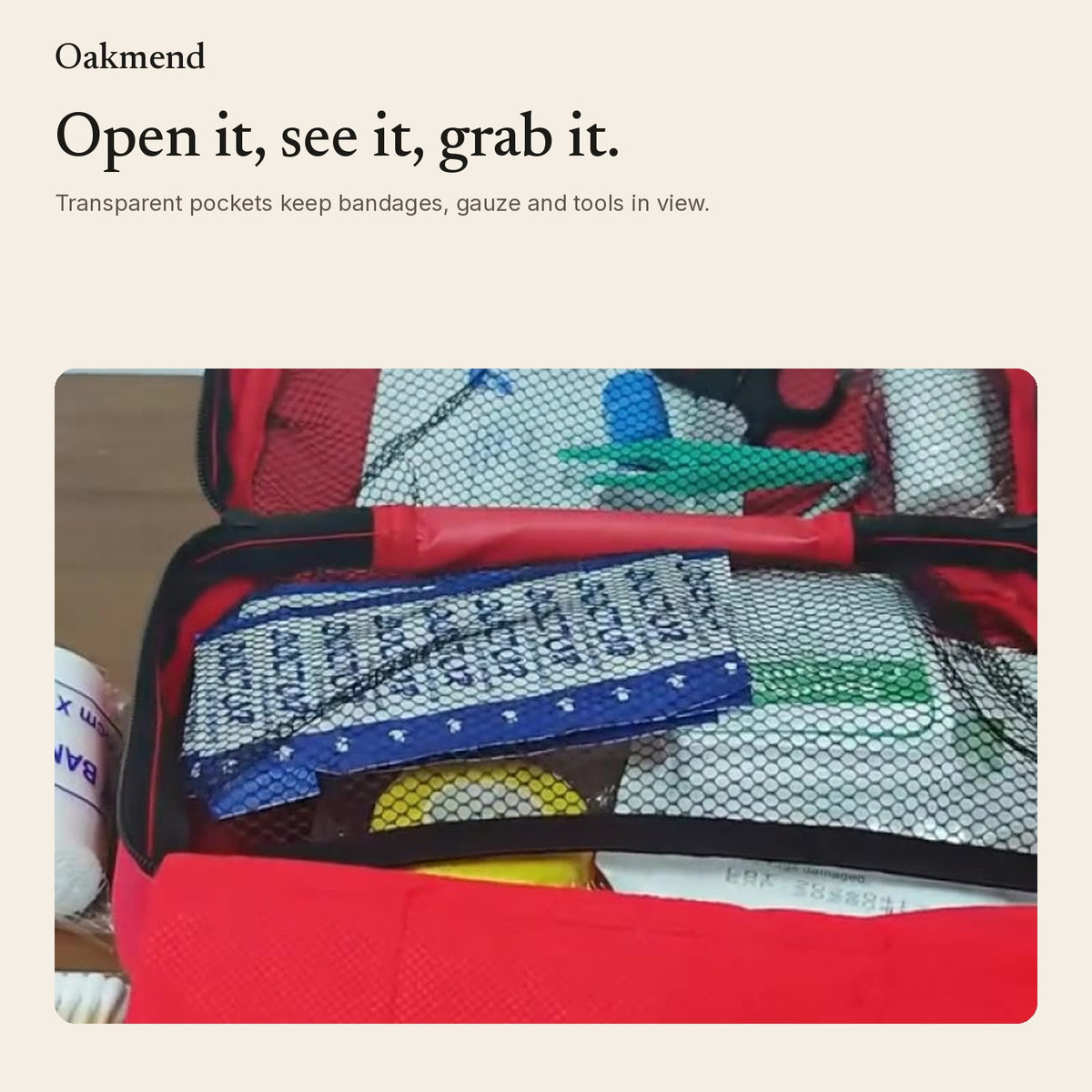 Open kit showing bandages and gauze in clear pockets