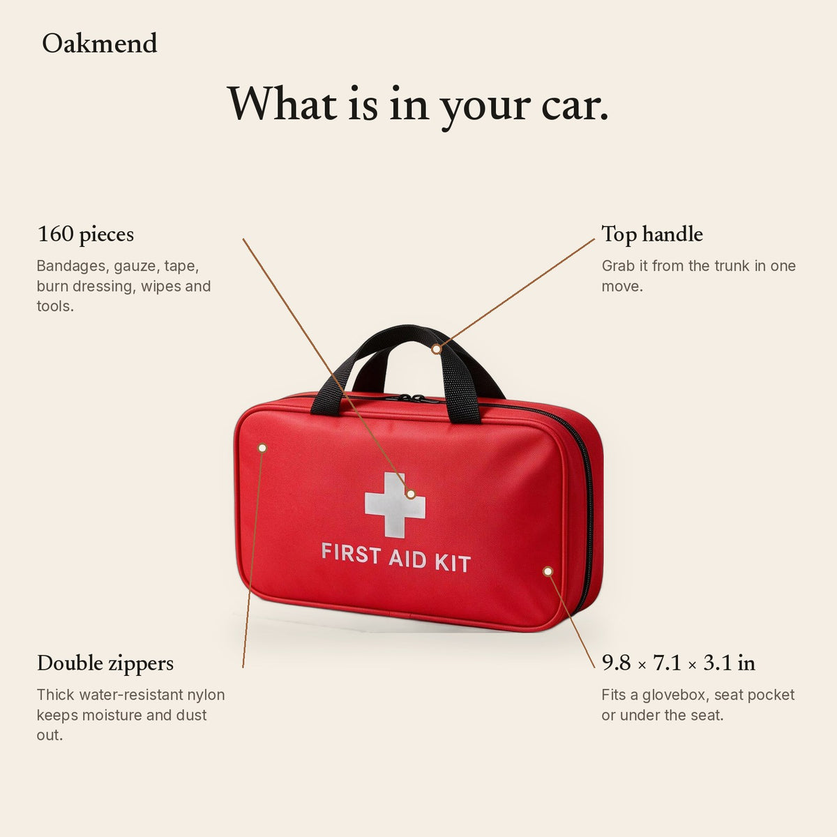 First aid bag features: zippers, handle and pockets