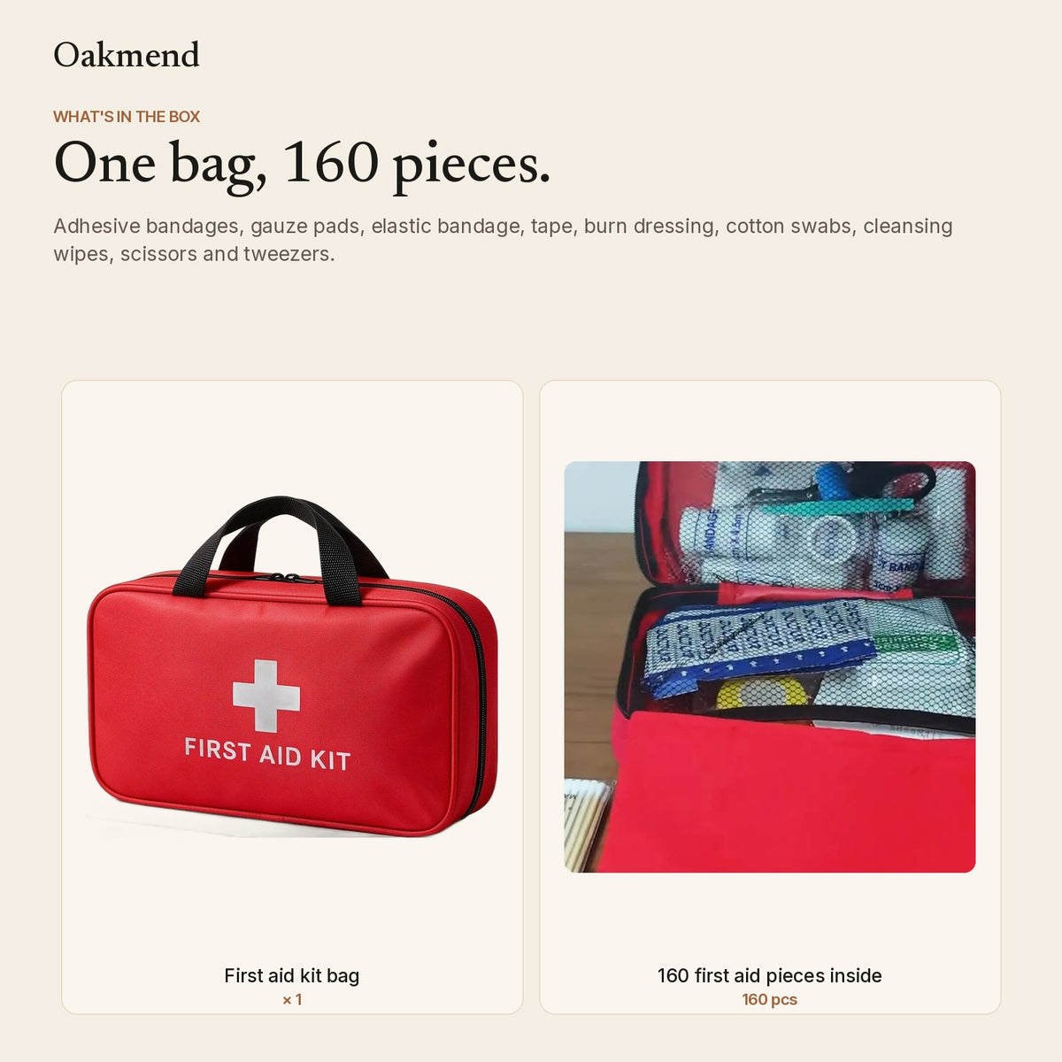 What is in the box: first aid kit bag with 160 pieces