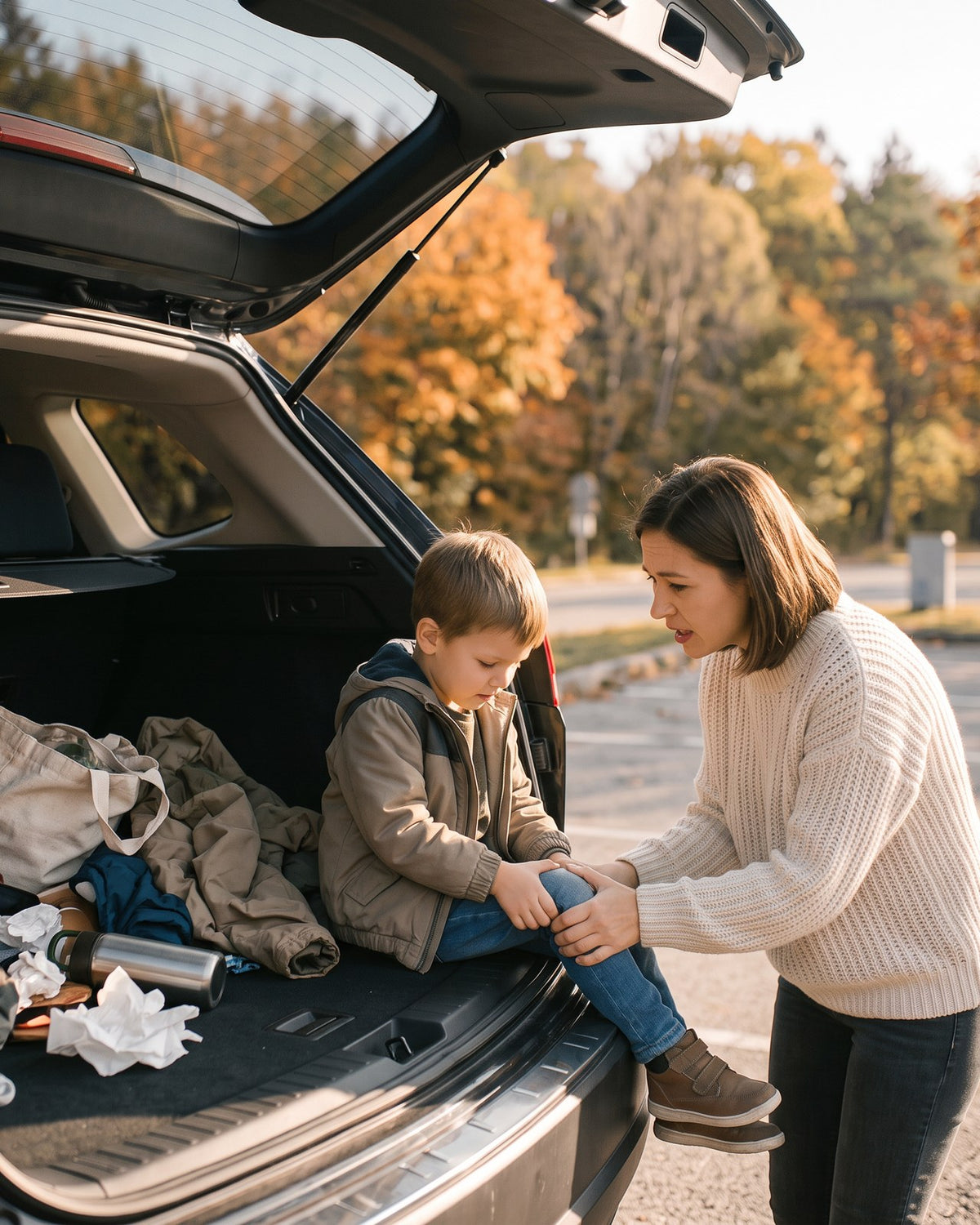Parent at the trunk looking for something to treat a scrape