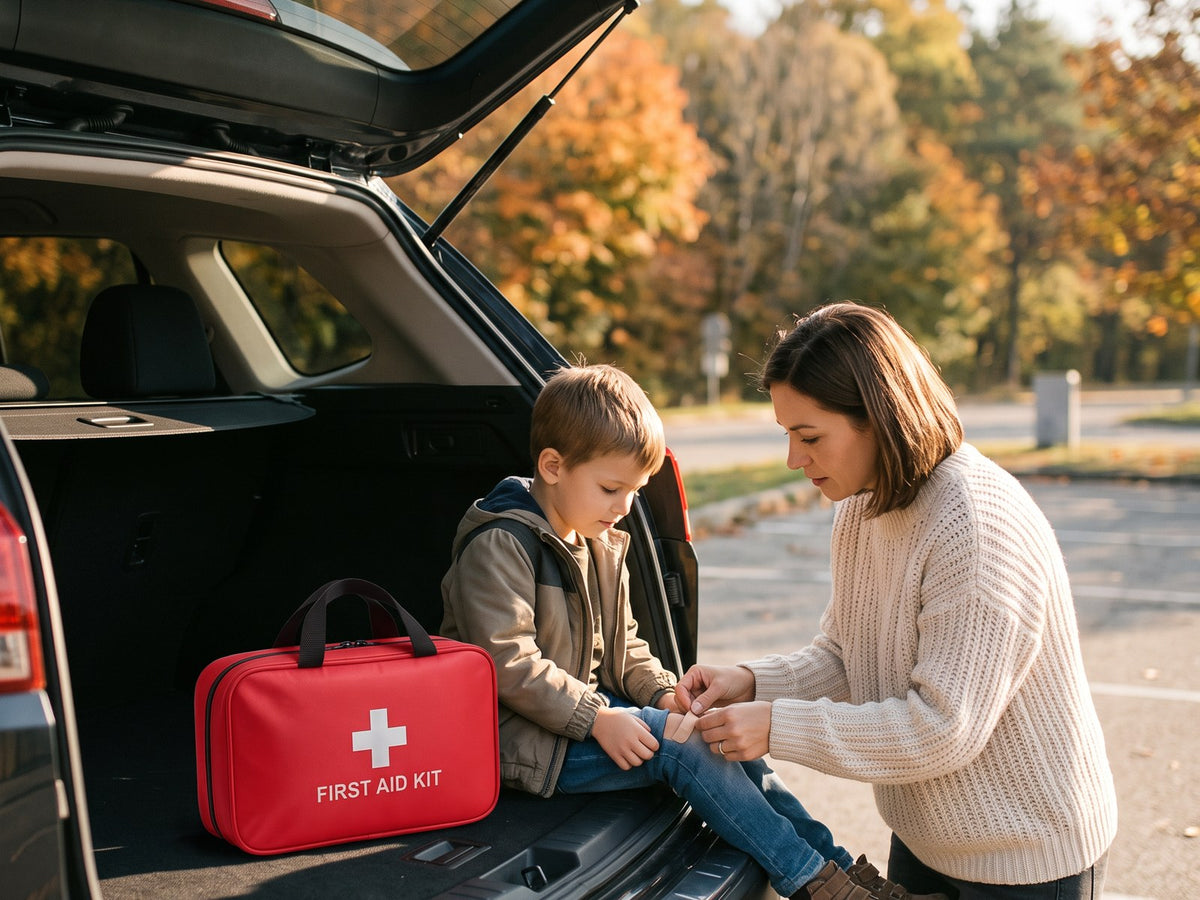 First aid kit open at the trunk, treating a scrape