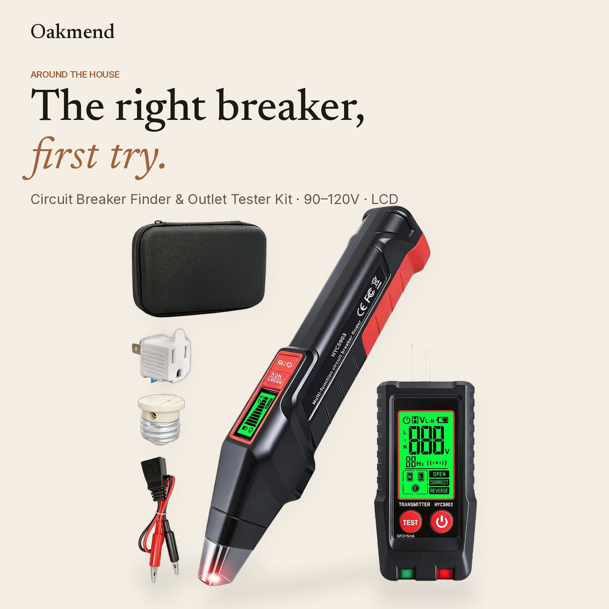 Circuit breaker finder kit with receiver, LCD outlet tester, adapters and case