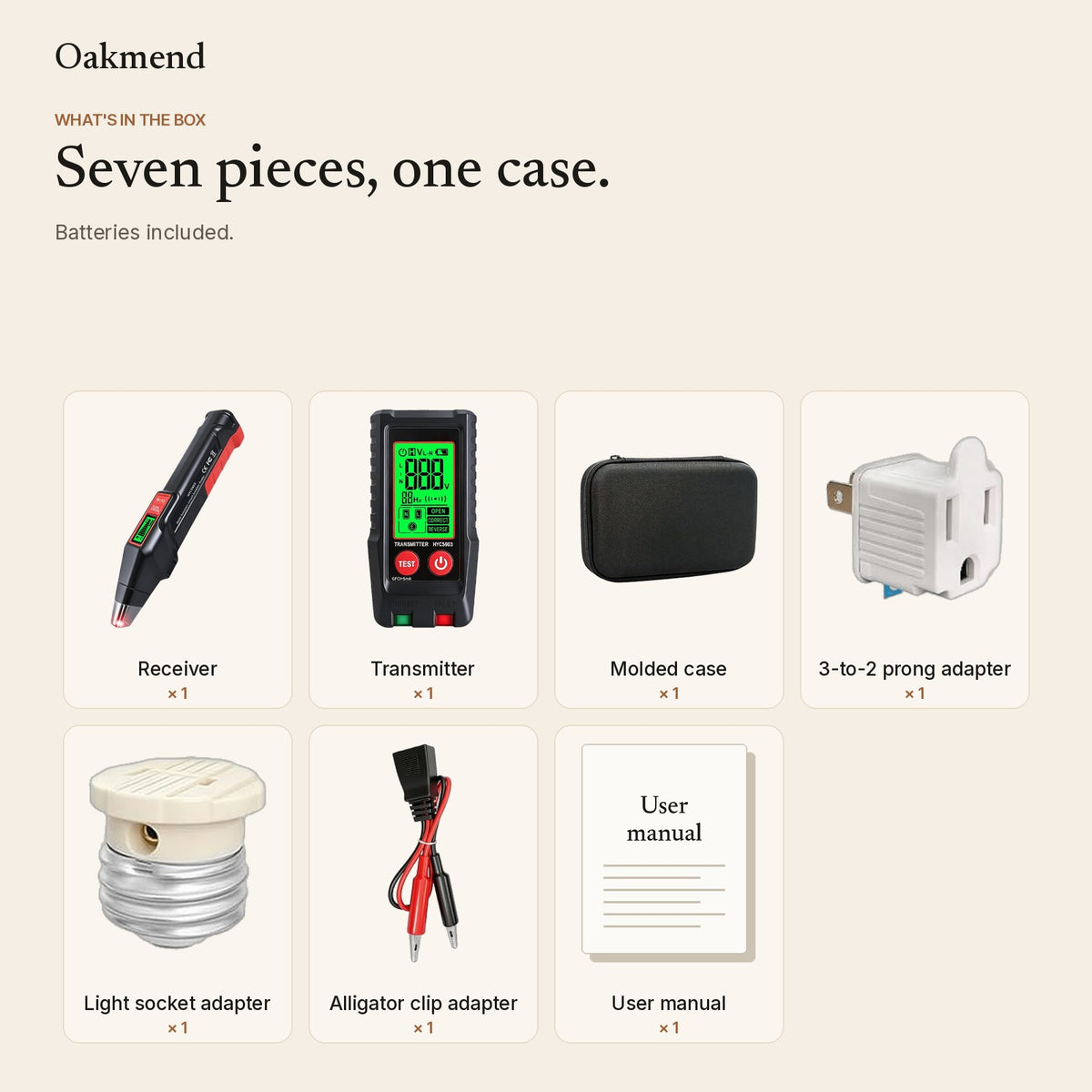 What is in the box: receiver, transmitter, case, three adapters, manual