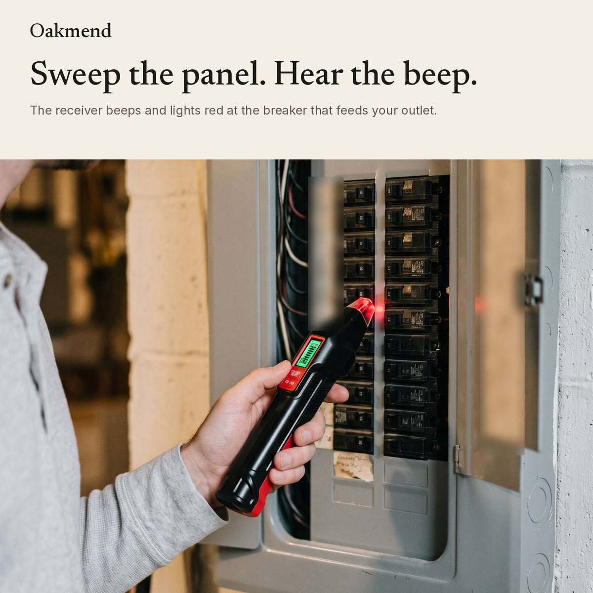 Receiver held to a breaker panel, finding the right breaker