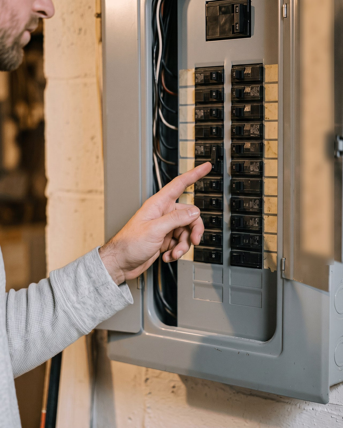 Homeowner pointing at a breaker panel with faded labels