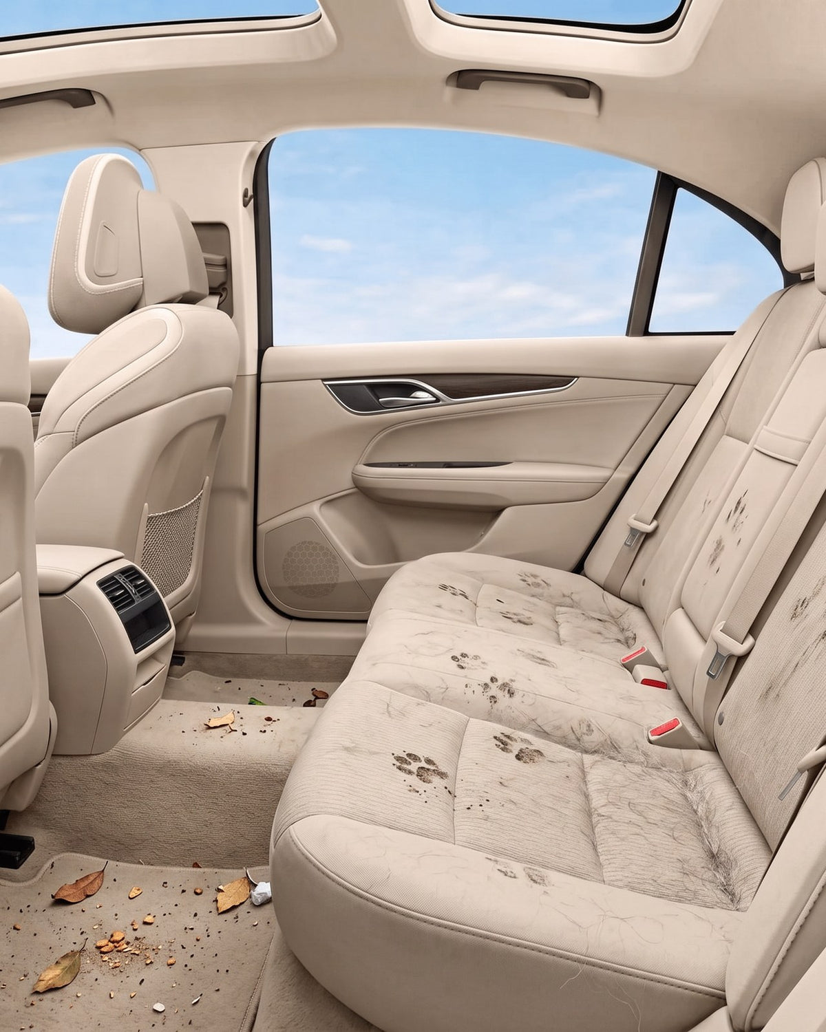 Car back seat covered in muddy paw prints