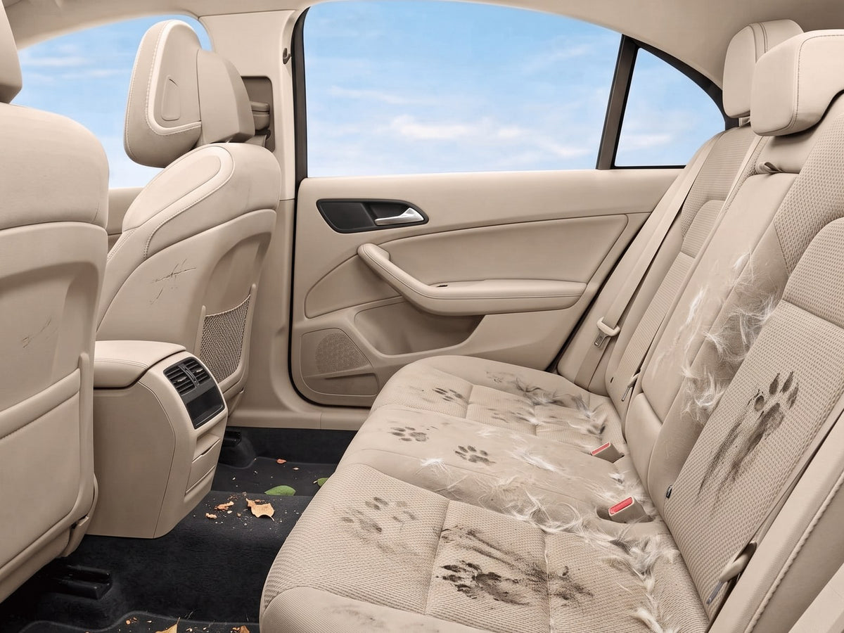 Muddy paw prints across the back seat