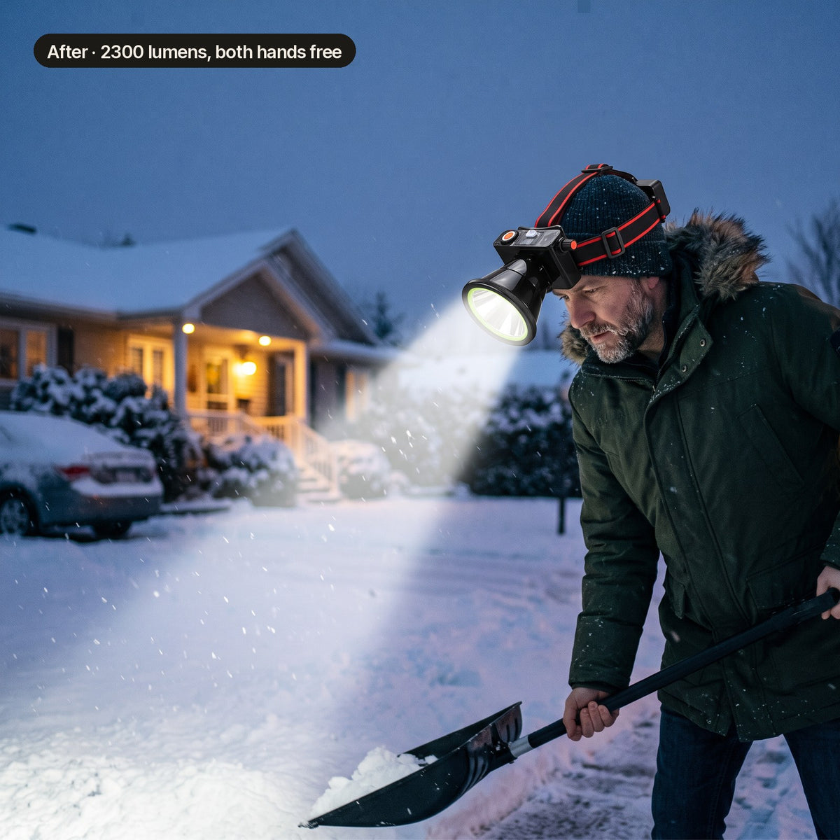 After: shoveling with the headlamp, both hands free