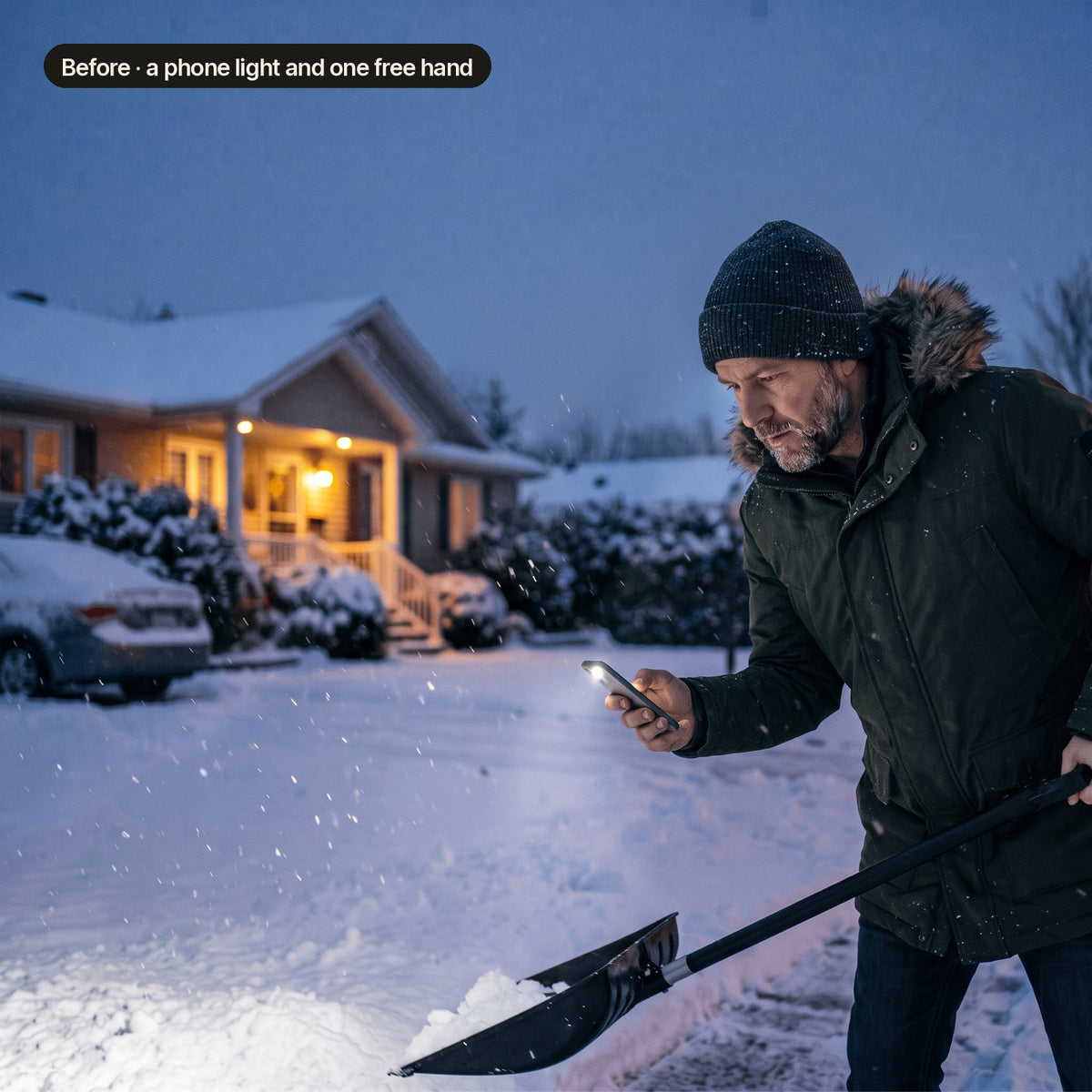 Before: shoveling at night with a phone flashlight