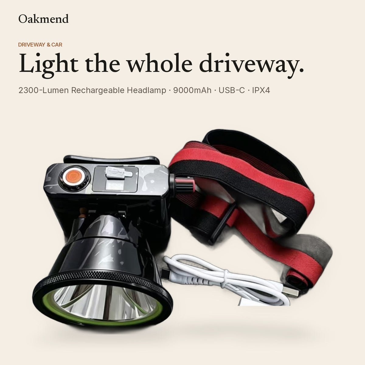 2300 lumen rechargeable headlamp with headband and USB-C cable