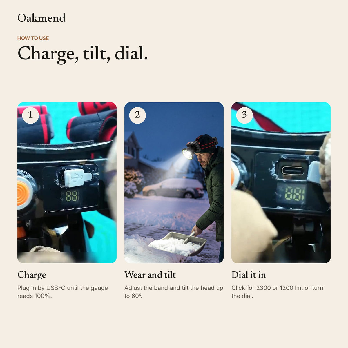 How to use: charge by USB-C, wear and tilt, dial the brightness