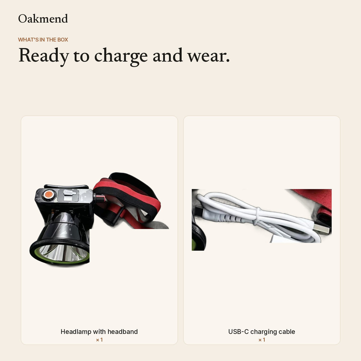 What is in the box: headlamp with headband and USB-C cable