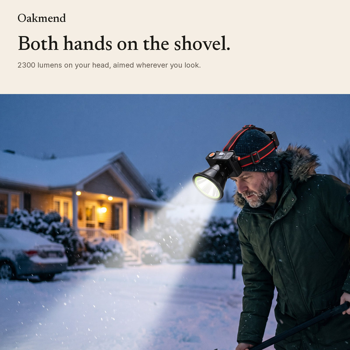 Man shoveling snow at night wearing the 2300-lumen headlamp