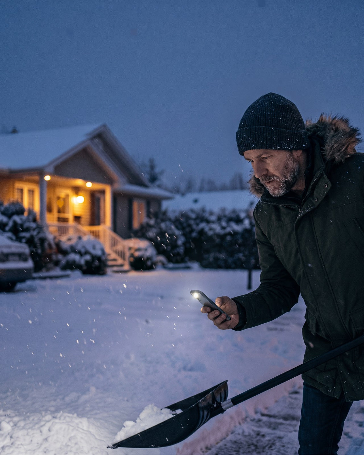 Man in a dark snowy driveway lighting the way with a phone