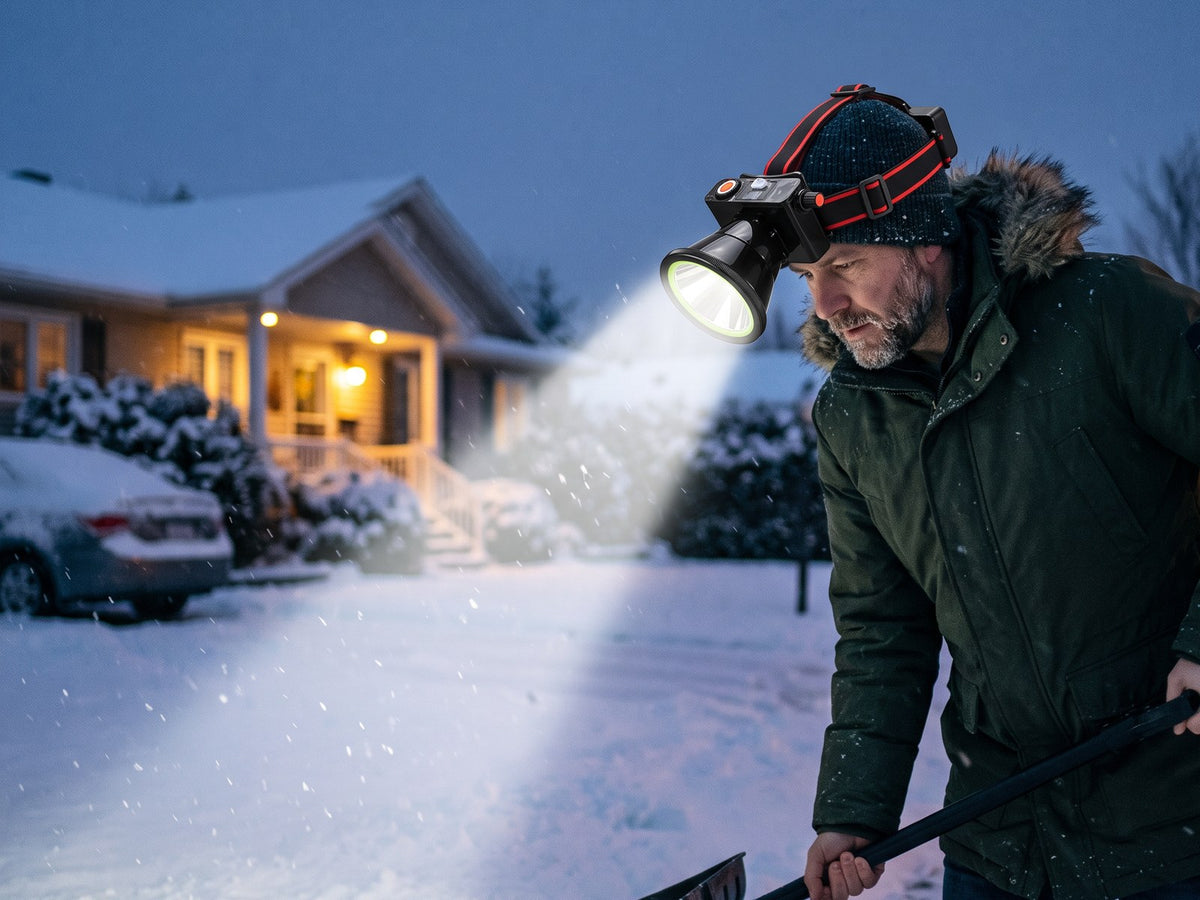 Headlamp lighting the driveway while shoveling