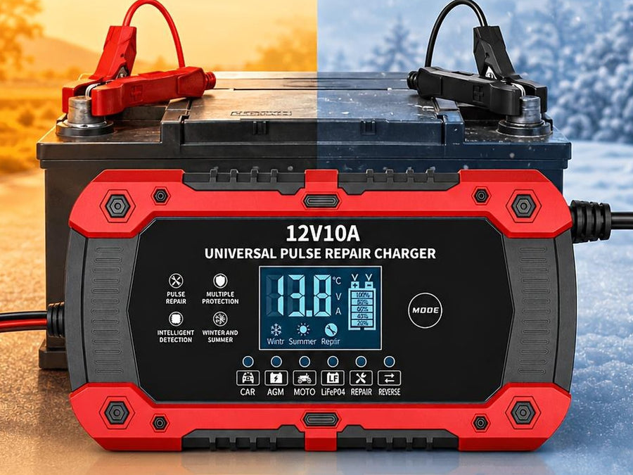 12V 10A charger connected to a car battery