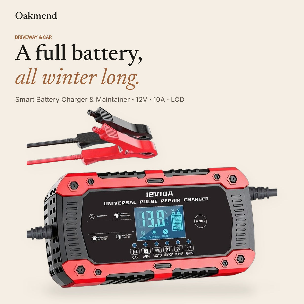 12V 10A smart battery charger with LCD and battery clamps