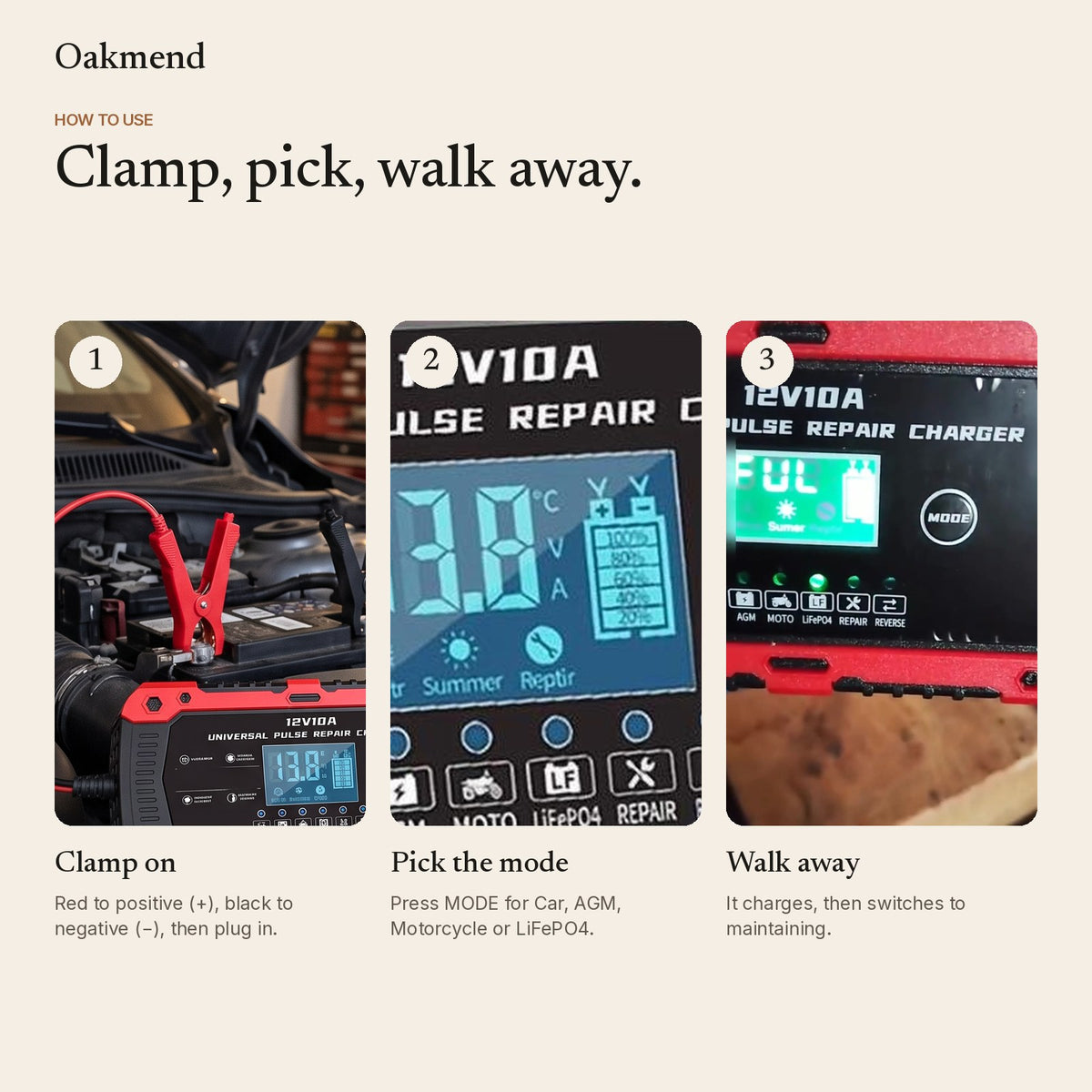 How to use: clamp on, pick the mode, walk away