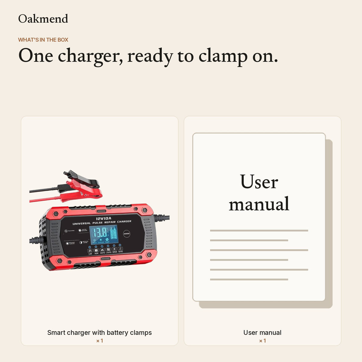 What is in the box: smart charger with clamps and user manual