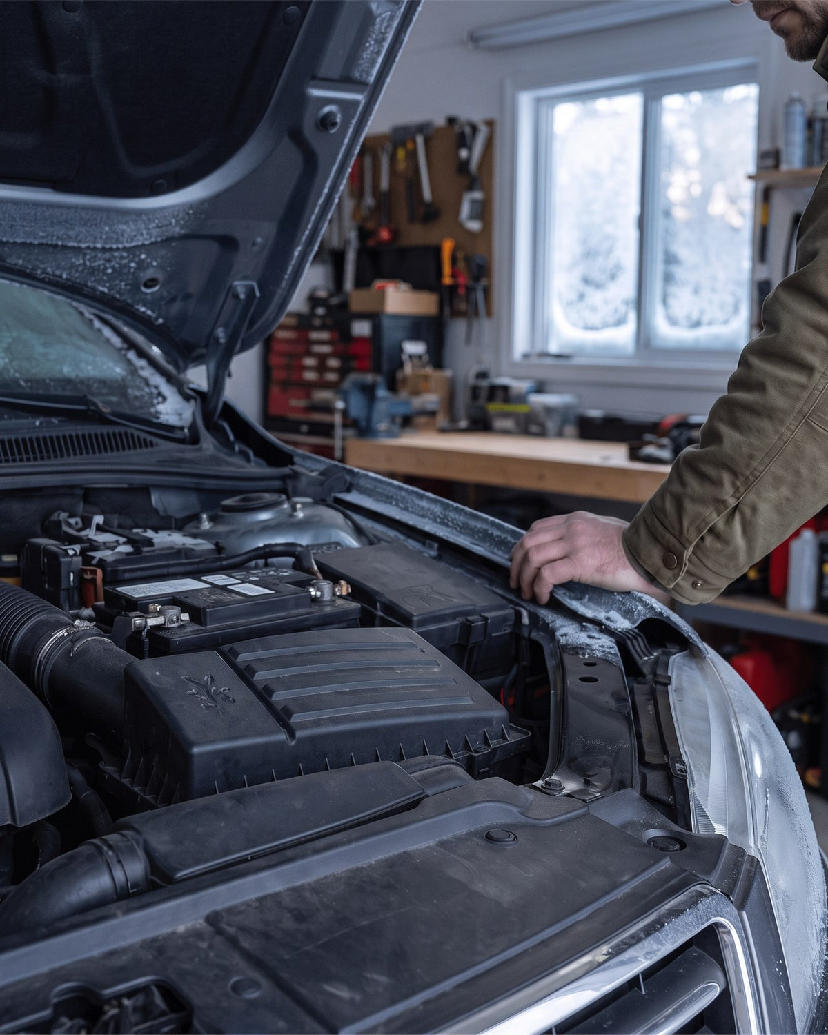 Open hood of a car with a flat battery on a cold morning