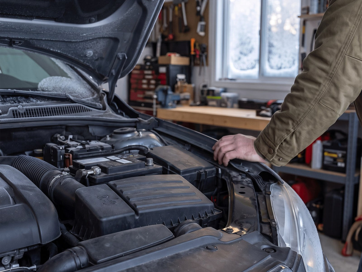 Car with a flat battery, hood open