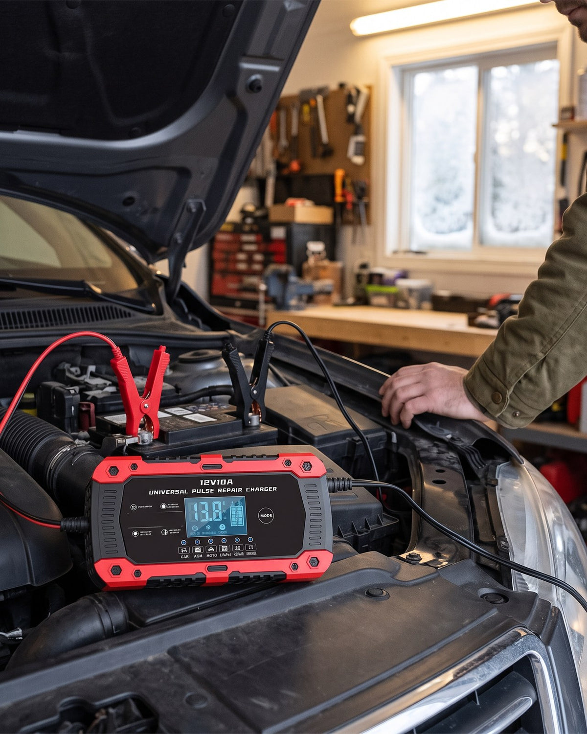Charger clamped to the battery, charging