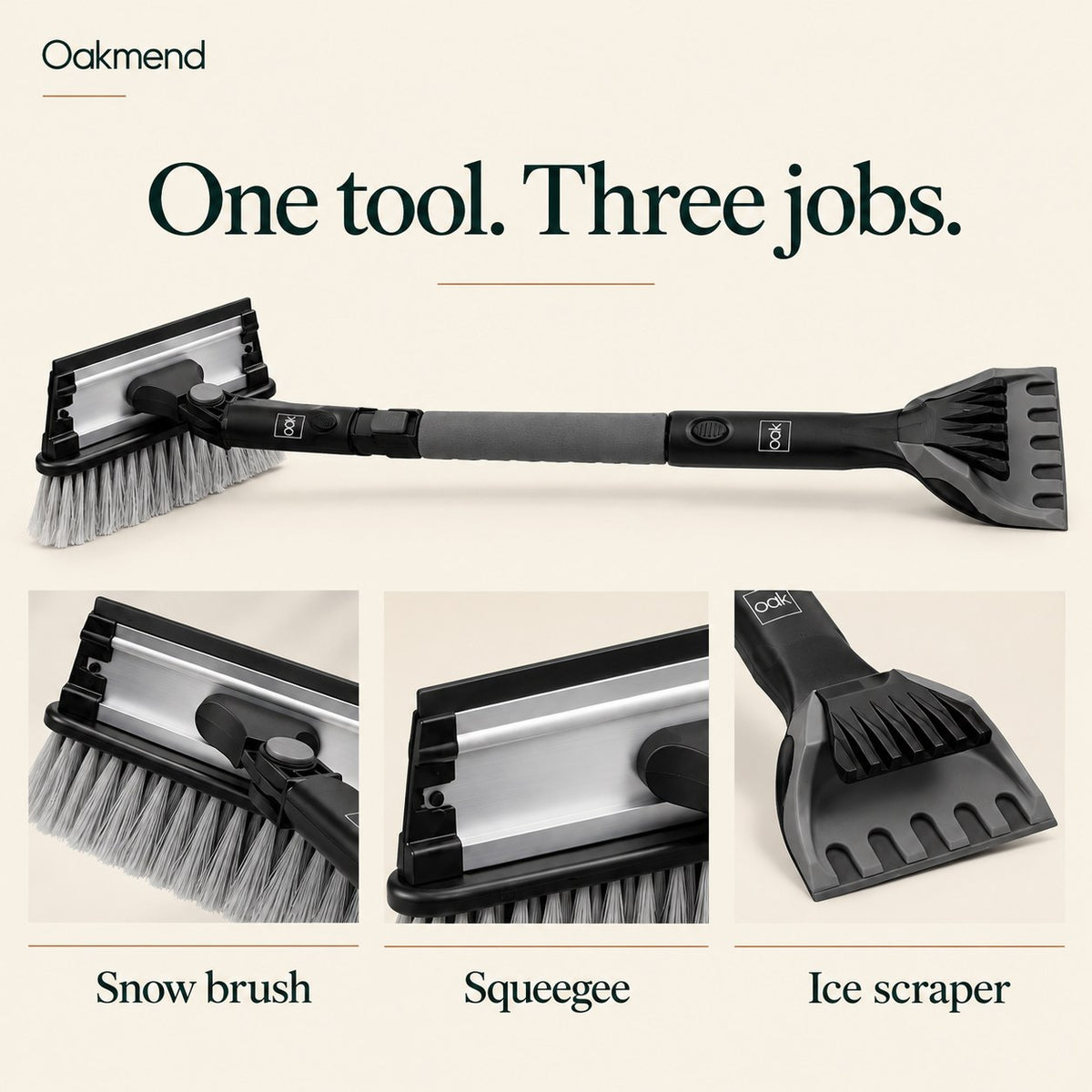 One tool, three jobs: snow brush, squeegee and ice scraper