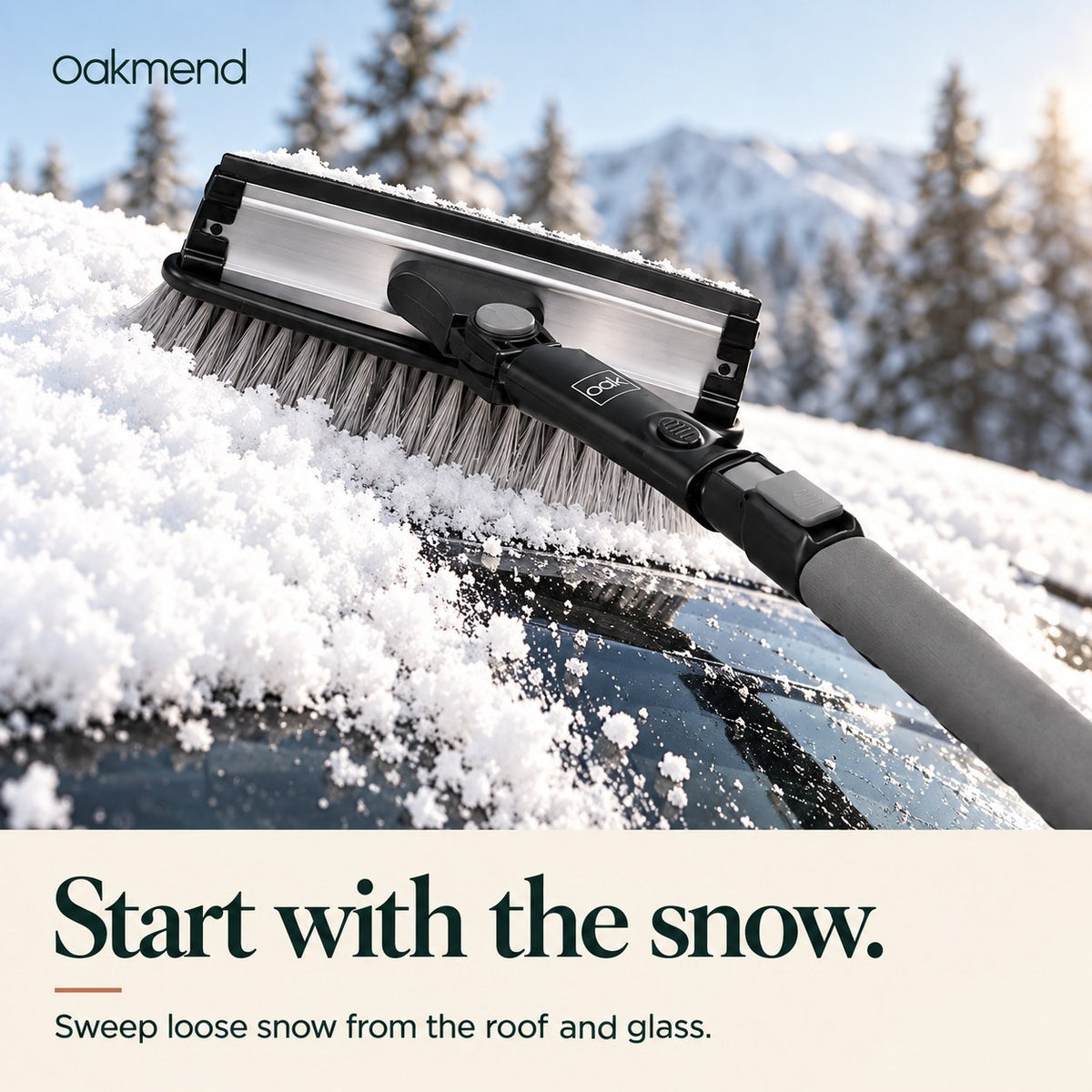 Bristle head sweeping loose snow from a car roof