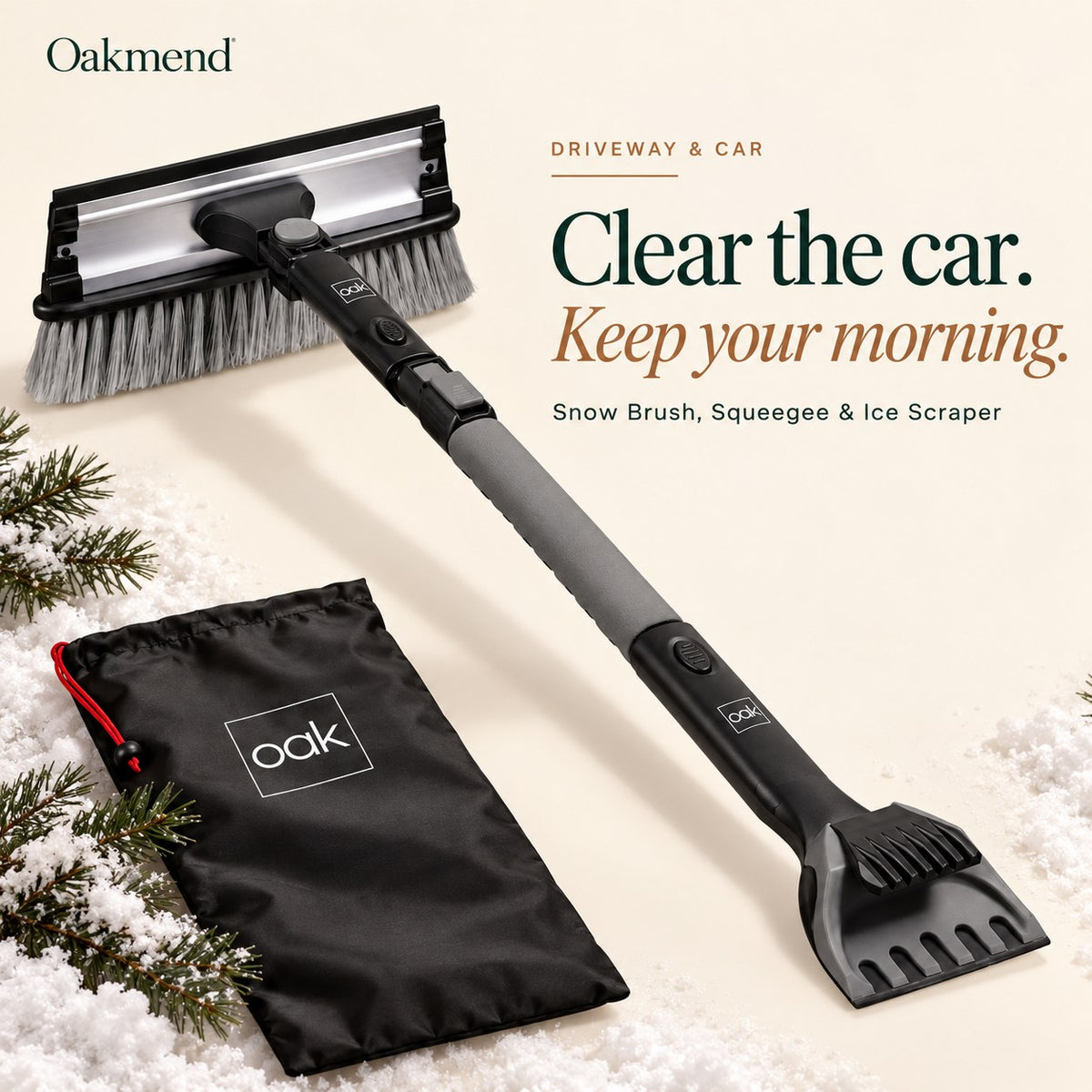 Oakmend 3-in-1 snow brush with squeegee and ice scraper in charcoal, with storage bag