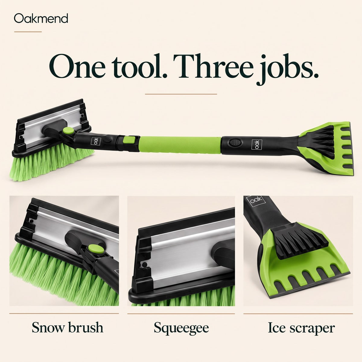 Green snow brush: one tool, three jobs, snow brush, squeegee and ice scraper