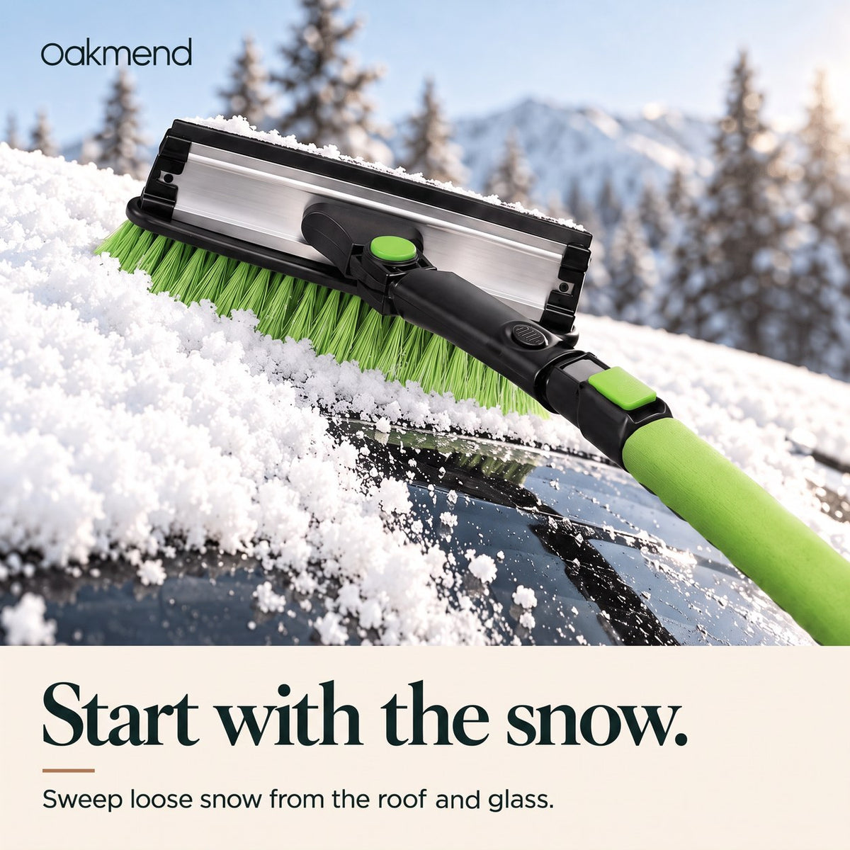 Green bristle head sweeping loose snow from a car roof