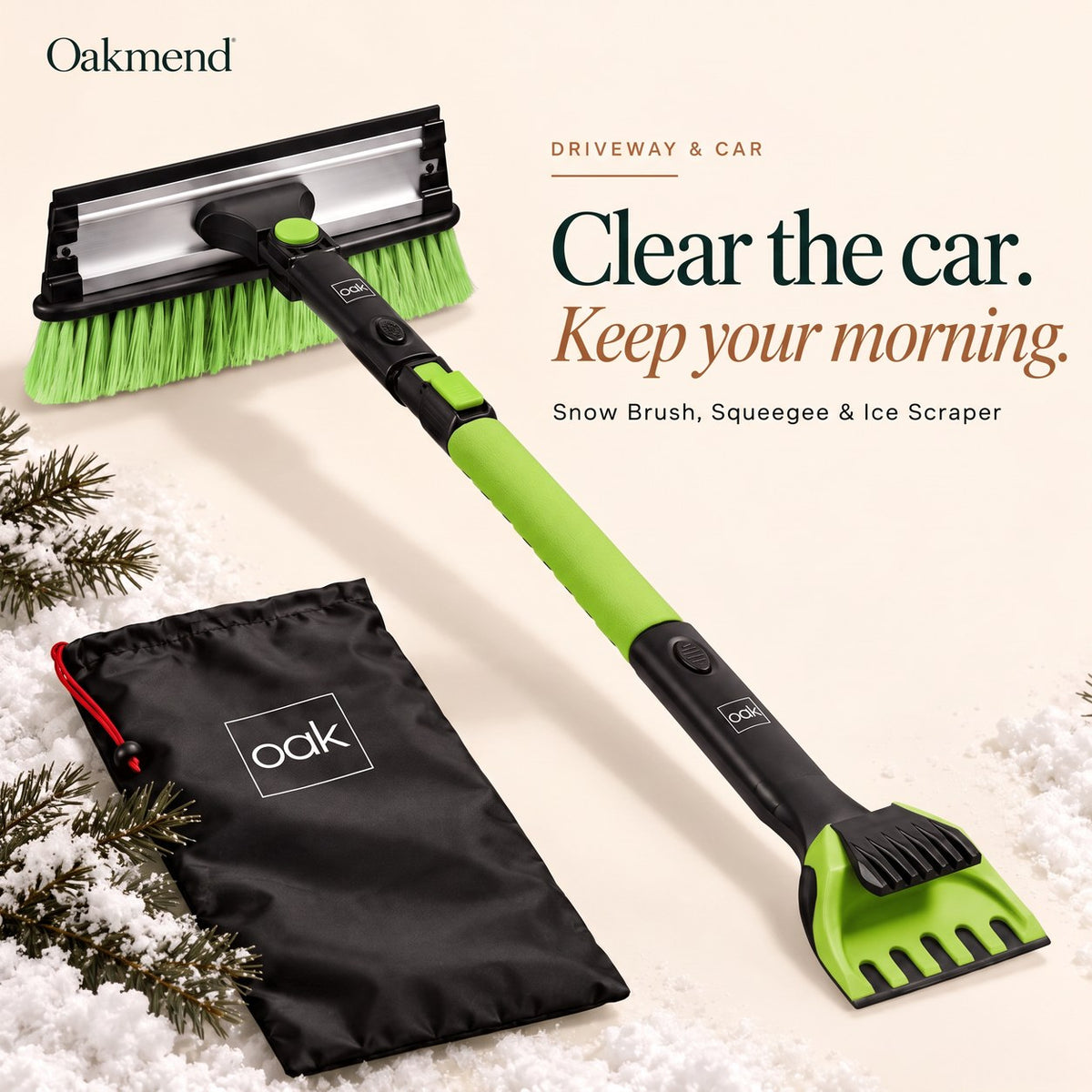Oakmend 3-in-1 snow brush with squeegee and ice scraper in lime green, with storage bag