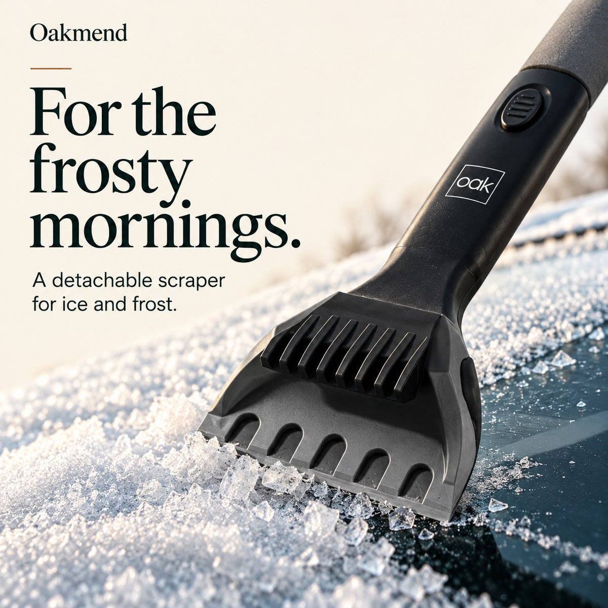Detachable ice scraper clearing frost from a windshield